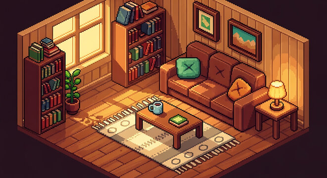 Cozy Pixel Art Living Room with Retro 8-Bit Design, Wooden Floor, Warm Lighting, and Detailed Sofa Interior for Game Background or Digital Art Assets
