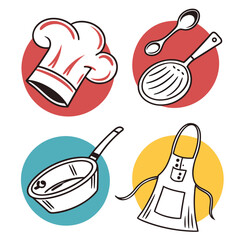 A collection of four hand drawn icons representing cooking and culinary arts including a chef hat ladle spoon frying pan and apron on colorful circular backgrounds