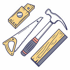 A collection of hand drawn carpentry tools including a saw hammer utility knife and wood plank presented in a flat design style with a white background