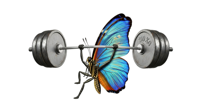 Butterfly lifting barbell weights against a white background strength concept.