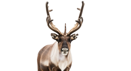 Reindeer head and antlers isolated against white background looking at the viewer.
