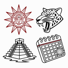 A stylized collection of ancient mesoamerican symbols including a sun god face a fierce jaguar head a mayan pyramid and a calendar with a sun symbol