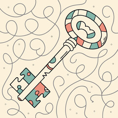 A stylized vintage key with a decorative bit and bow adorned with coral and teal geometric patterns on a cream background with abstract swirling lines and small circles