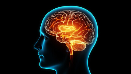Human head profile with glowing orange brain image