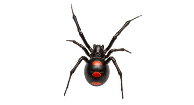 Black widow spider with red hourglass marking on white background.