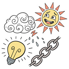 A whimsical doodle illustration featuring a happy sun a swirling cloud a glowing lightbulb rain lightning and a broken chain against a white background