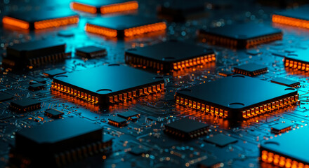 Microprocessor with Gold Pins on Glowing Circuit Board