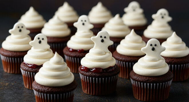 Black forest cupcakes topped with whipped cream and edible ghost toppers.