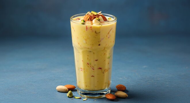 Refreshing tall glass of traditional Indian thandai drink flavored with saffron, almonds, pistachios, and spices, served chilled with dry fruit garnish on blue background, festive summer beverage