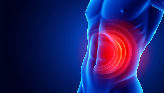 Male torso with abdominal pain highlighted in red abdomen discomfort
