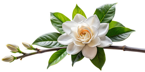 A gardenia flower isolated on transparent background, displaying its pristine white petals and lush green leaves, a symbol of purity and elegance in the world of botany
