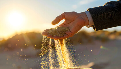 Male Hand Pouring Golden Sand at Sunset