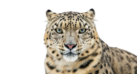 Snow leopard portrait facing forward with a white background.