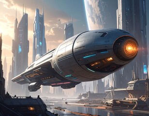 Futuristic Metropolis Spaceship Landing