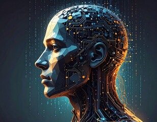 Digital consciousness, technological human form, futuristic head profile