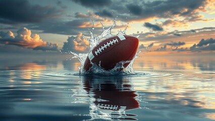 Hyper realistic render of American football splashing into water with dramatic sky and sunset reflections.