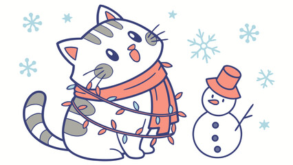 Winter Wonderland themed SVG: Funny Bengal Cat with wrapped in fairy lights in a Winter environment