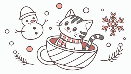 Cute Playful Bengal Cat, accessorized with sitting in a teacup ride, in a Winter world – Winter Wonderland palette vector