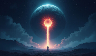 Fantastic cosmic landscape with a huge planet from which a ray of light emanates. The silhouette of a man stands on a deserted land. Perfect for fiction, spirituality, movies, games, covers