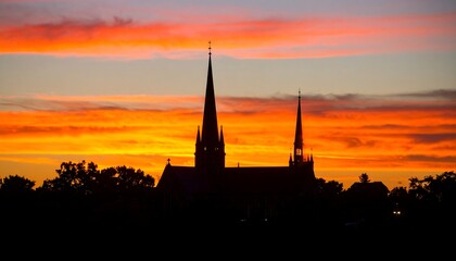 Obraz premium Cathedral silhouette at vibrant sunset
