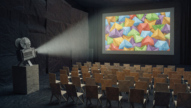 A miniature movie theater is meticulously crafted from paper, with a vintage film projector and chairs facing a screen. The image is a creative diorama of a classic cinema.