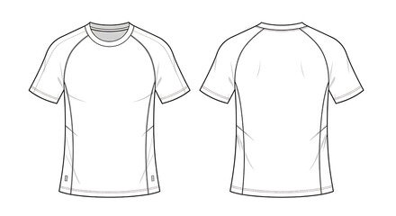 Naklejka premium Sportswear raglan sleeve t-shirt fashion technical flat sketch. Isolated blank apparel template vector illustration, front and back view