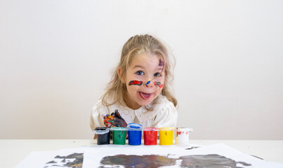 Happy Toddler Girl with Colorful Painted Hands - Creative Mess, Childhood Fun and Art Education...