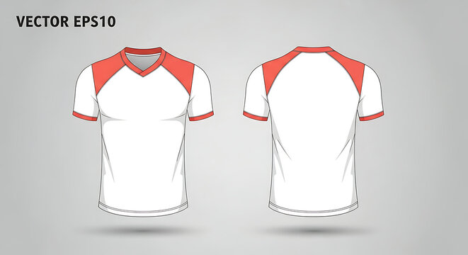 Versatile blank v-neck t-shirt template with red raglan sleeves. Vector mockup showing front and back views for athletic team uniform and fashion design