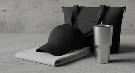 A stylish collection of essential accessories including a folded cloth, a baseball cap, a tote bag, and a travel tumbler, all in a sleek, modern design