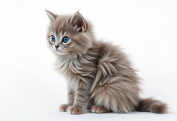 Obraz premium A fluffy gray kitten sits on a pure white background, backdrop, pet photography