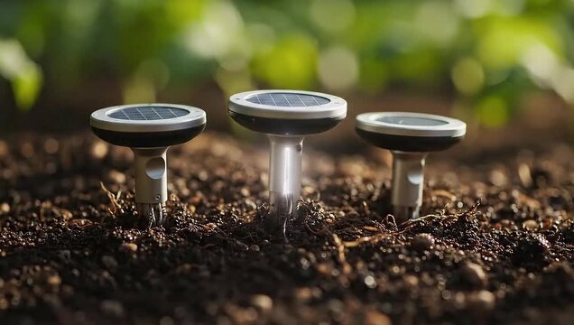 Automated soil sensors monitoring farm data in real time, promoting sustainable agriculture and efficient irrigation, technology revolutionizing farming practices