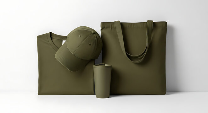 Conceptual branding and merchandise mockup featuring a blank olive green t-shirt, baseball cap, tote bag, and tumbler set for corporate identity design
