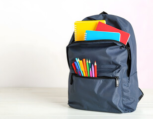 Colorful School Supplies Inside Backpack on Light Background