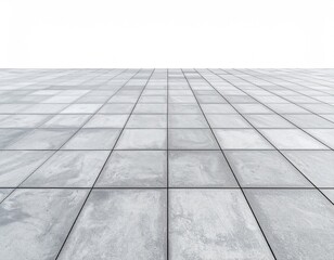 Fototapeta premium A perspective view of a vast expanse of light grey square tiles, set against a stark white background, creating a clean and modern feel