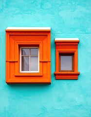 Obraz premium Two vibrant orange windows, different sizes, with white panes, are set against a teal textured wall, capped with small snowy ledges