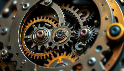 Intricate clockwork gears turning smoothly, showcasing intricate details,  texture,  brass