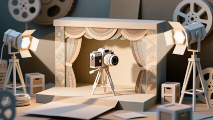 Fototapeta premium Paper craft diorama depicting a small photo or film set with a stage, vintage camera on a tripod, curtains, studio lights, and large film reels in the background.
