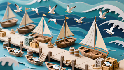 Dynamic paper craft seaside harbor with a wooden dock, sailing boats, cargo boxes, fish, and paper seagulls flying over sculpted blue waves.