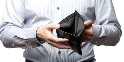 Man holding empty black wallet isolated on white background.PNG.Generative AI