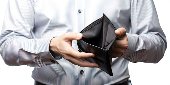 Man holding empty black wallet isolated on white background.PNG.Generative AI