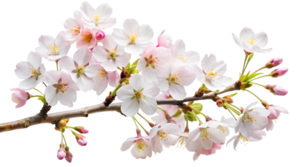 A graceful branch adorned with delicate cherry blossoms, their soft pink and white hues painting a picture of springtime serenity, isolated on transparent background, exudes tranquility