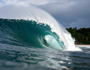 Majestic Ocean Wave Breaking with Foam and Tropical Background