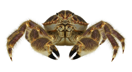 Crab with claws extended facing forward isolated on a white background.