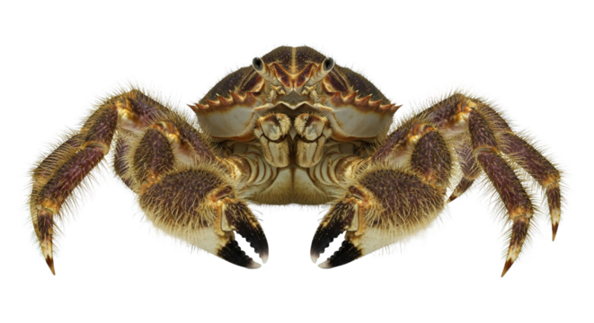 Crab with claws extended facing forward isolated on a white background.