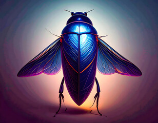 Vibrant Blue Insect with Shiny Wings on Colorful Background