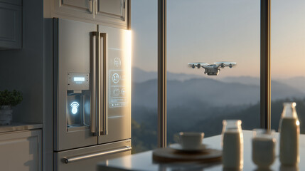 Predictive delivery concept: a smart refrigerator automatically orders milk, which is delivered by a drone.