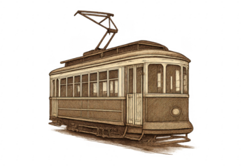 Vintage electric tram city public transport drawing on transparent background