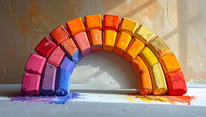 Colorful Chalk Rainbow Arch Against a Textured Wall Background