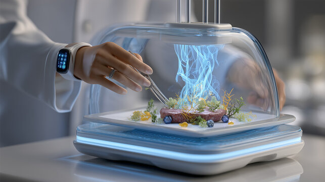 A futuristic 3D food printer creating a personalized, nutritious meal based on biometric data.