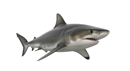 Naklejka premium A shark swims isolated on a white background showing its teeth and fins.